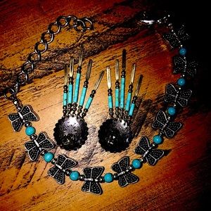 Silver butterfly bracelet ,earrings Turquoise
